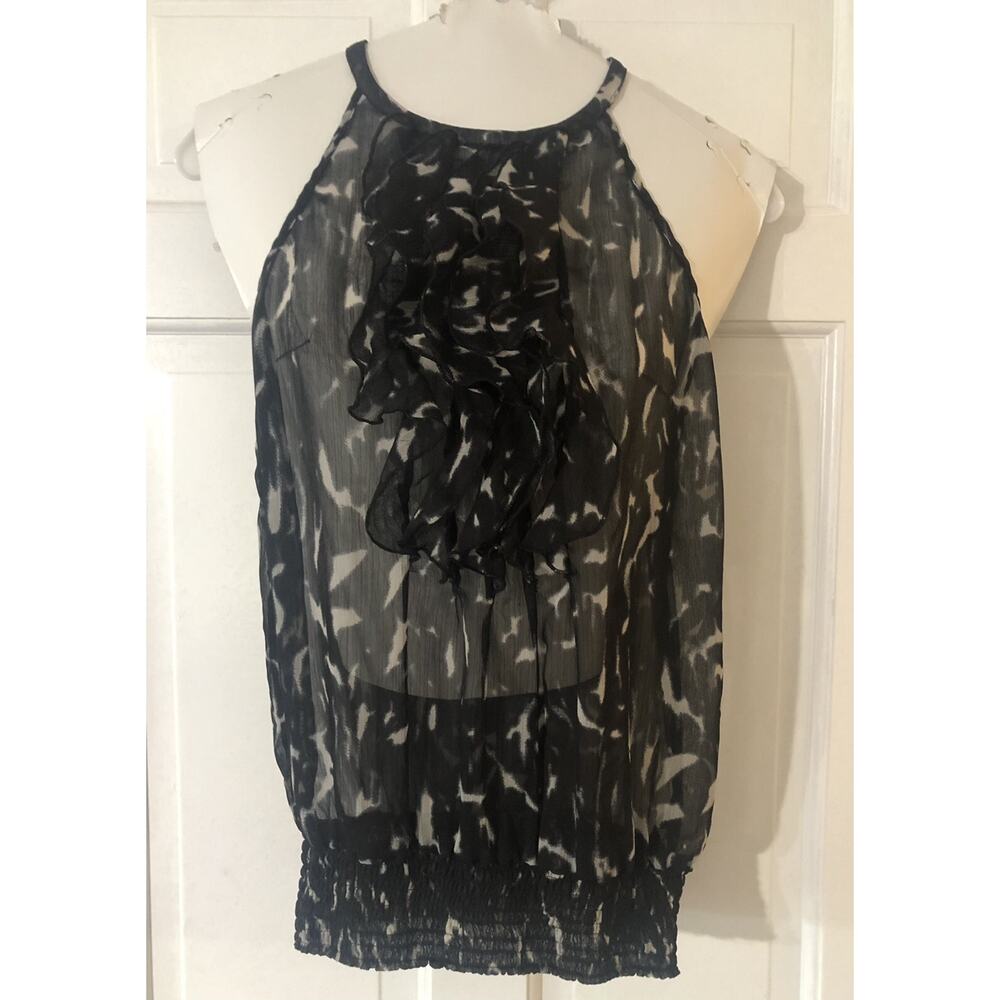 The Limited Black Print Ruffle Polyester Sleeveless Blouse Top Womens M Medium